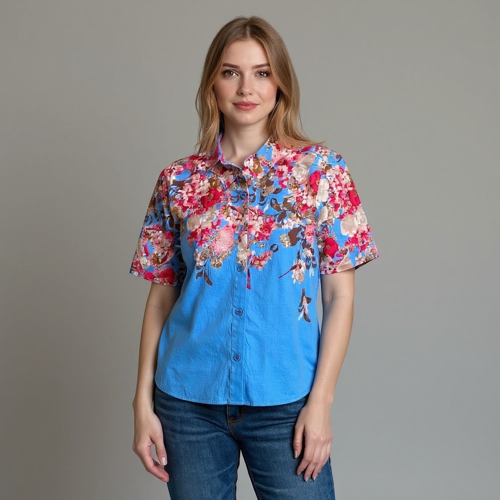 NWT Joie Floral Button Down Shirt Romantic L Blue Cottagecore Cotton Cropped
